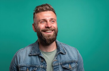 Obraz premium Joyful bearded man with short hair smiling broadly against a vibrant teal