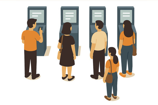 People using self-service kiosks in modern isometric design