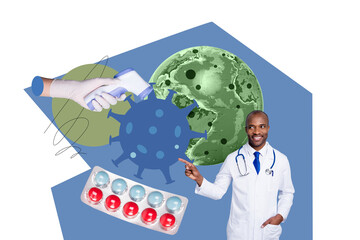 Composite photo collage of guy doctor point hand hold contactless thermometer pandemic earth virus...