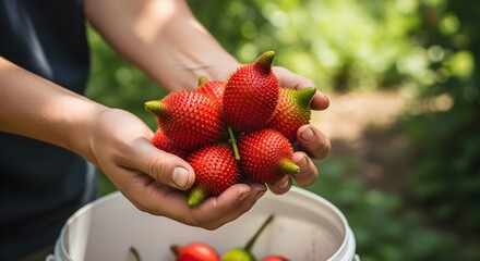 Hands holding a cluster of unique, ripe red strawberries with green tips above a white bucket in a sunlit garden, showcasing the vibrant color, freshness, and organic beauty of summer strawberry harve