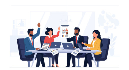 Diverse business team collaborating in a modern office meeting.