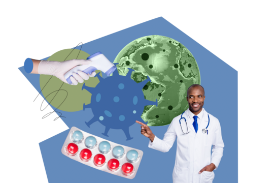 Composite photo collage of guy doctor point hand hold contactless thermometer pandemic earth virus drug covid isolated on painted background