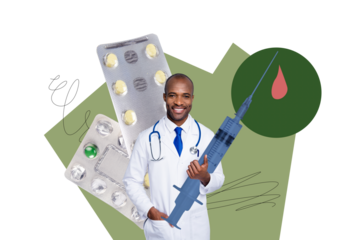 Composite photo collage of guy doctor hold big syringe covid vaccine prevention treatment pills pandemic isolated on painted background