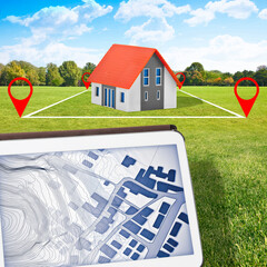 Land plot management - real estate concept with a vacant land and cadastral parcel available for building activity with residential home model