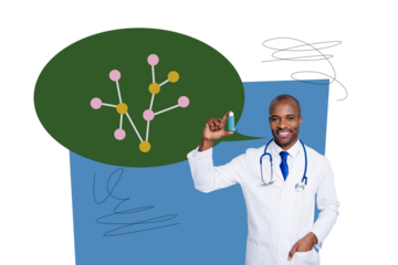 Creative image collage young smiling doctor show inhaler textbox illness treatment phrase message drawing doodles hospital consultation