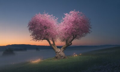 A heart-shaped, blooming tree stands on a hill during dusk with soft mist and glowing lights