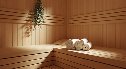 Empty Wooden Sauna Room with Rolled Towels and Hanging Plant