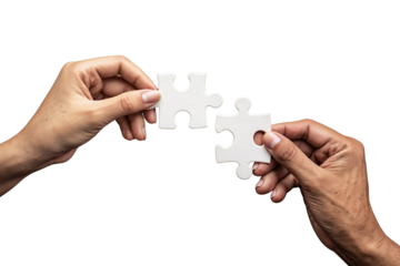 Hands Connecting White Jigsaw Puzzle Pieces — Teamwork Solution Concept on Transparent Background PNG
