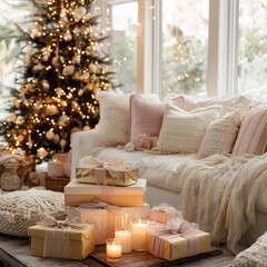cozy living room with beige and blush wrapped gifts under small christmas tree with golden lights, candles and soft blanket nearby