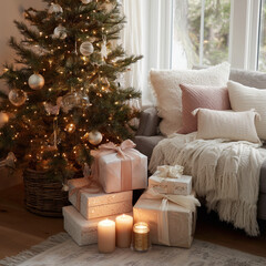 cozy living room with beige and blush wrapped gifts under small christmas tree with golden lights, candles and soft blanket nearby