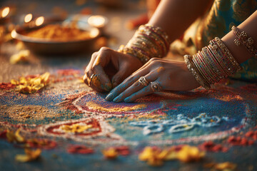 Hands creating a vibrant rangoli design for Diwali celebrations.
