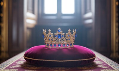 A jeweled golden crown rests on a plush red pillow, lit by a window in a grand room