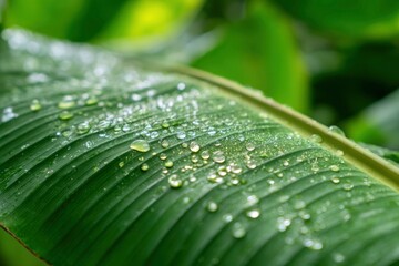 Dewkissed green banana leaf closeup water droplets glisten on its textured surface