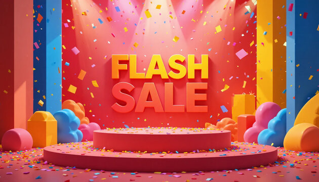 Colorful “Flash Sale” composition featuring a modern podium or display stage surrounded by bright abstract shapes, confetti, and dynamic lighting effects. Bold typography for “Special Offer” or “Disco