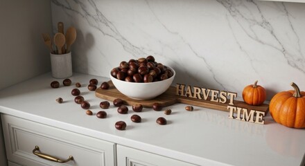 A kitchen counter display features chestnuts, pumpkins, wooden utensils, and "Harvest Time" sign