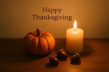 Pumpkin candle and acorns with Happy Thanksgiving text on wooden table, autumn holiday decoration with warm light.
