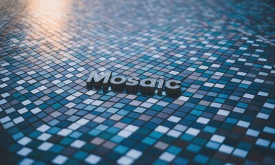 3D "Mosaic" text sits on a checkered surface, with varying blue and gray tones, and reflections