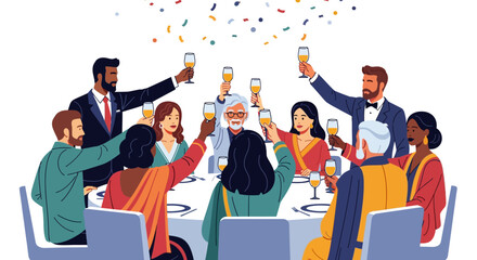 Diverse group of people celebrating with champagne at a formal dinner party.