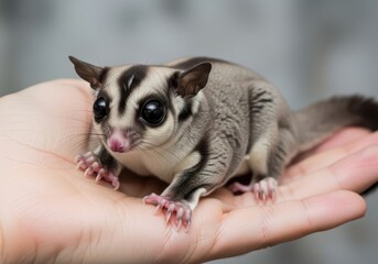 Adorable sugar glider perched gently on a human hand
