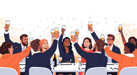 Group of People Celebrating with Drinks at a Dinner Party.