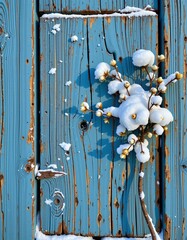 Snowcovered Cotton Bolls Bright Blue Wooden Surface