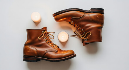 brown leather boots and shoes on white background