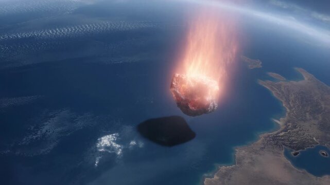 A cinematic reconstruction of a massive asteroid impact on early Earth. The camera begins in orbit, showing the rock&rsquo;s descent through atmosphere. It crashes into the ocean in blinding light, vaporizi