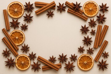 Cinnamon sticks, star anise and dried orange slices arranged in decorative frame on neutral background, copy space.