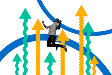 Collage 3d pinup pop retro sketch image of lucky excited guy celebrating working success isolated painting background
