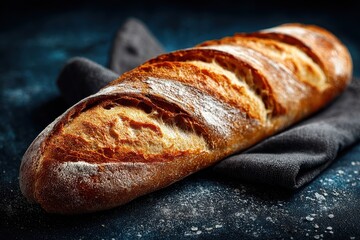 Fresh golden baguette on dark surface with flour dust falling, presenting crusty bread loaf