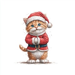 Dapper Cartoon Santa kitten on a white background