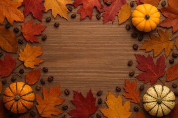 Autumn leaves, pumpkins and coffee beans on wooden background with copy space for fall season decoration and harvest concept.