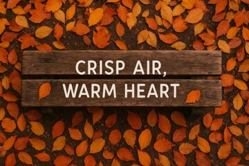Wooden bench with the phrase Crisp Air, Warm Heart surrounded by colorful autumn leaves on the ground.