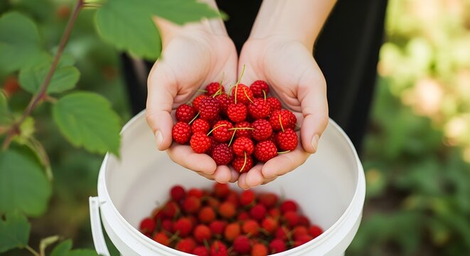 Hands gently holding a bounty of freshly picked wild red raspberries above a white bucket in a lush green garden, capturing the essence of organic berry harvest, freshness, and natural summer abundanc - Powered by Adobe