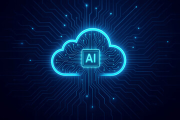 Blue AI chip within a cloud shape on a dark digital circuit background artificial intelligence cloud computing