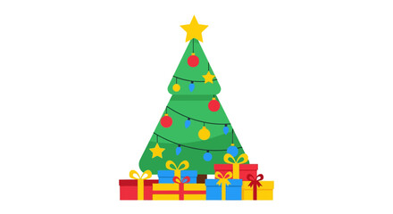 Festive Christmas Tree Decorated with Lights and Presents Below.