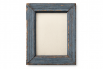 Vintage blue distressed wooden frame with empty area for content, isolated on a transparent background