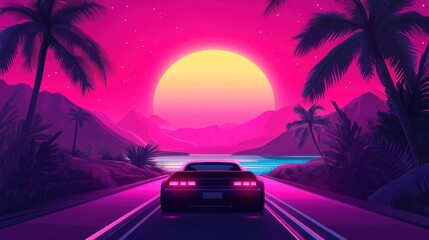 Retro car sunset coastal drive, tropical background, vibrant 80s aesthetic, ideal for travel posters