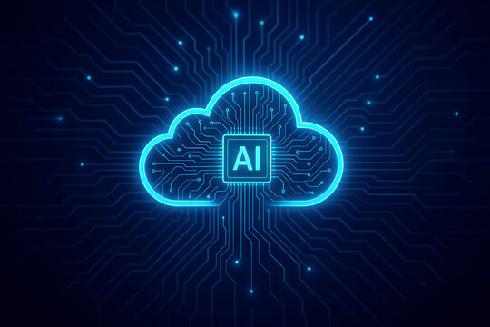 Blue AI chip within a cloud shape on a dark digital circuit background artificial intelligence cloud computing - Powered by Adobe