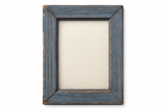 Vintage blue distressed wooden frame with empty area for content, isolated on a transparent background