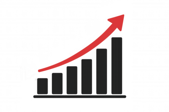 Bar chart progressing with increasing red arrow, visualizing business growth, financial success, and market achievement