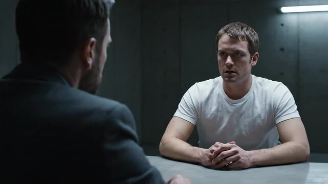 A man seated at table during a police interrogation