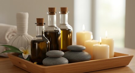 Spa Relaxation Setting with Candles Stones and Essential Oil Bottles in Warm Light
