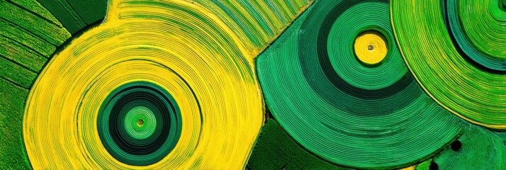 Vibrant Aerial View of Agricultural Fields Showcasing Circular Crop Patterns in Shades of Green and Yellow During Bright Daylight