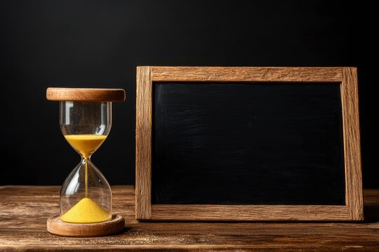 Hourglass with gold sand beside a blank chalkboard on a wooden surface against a dark backdrop