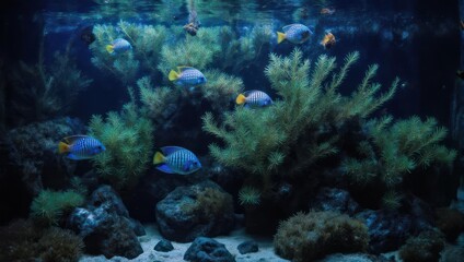 Obraz premium A serene underwater scene with various fish swimming around coral and plant life in blue hues