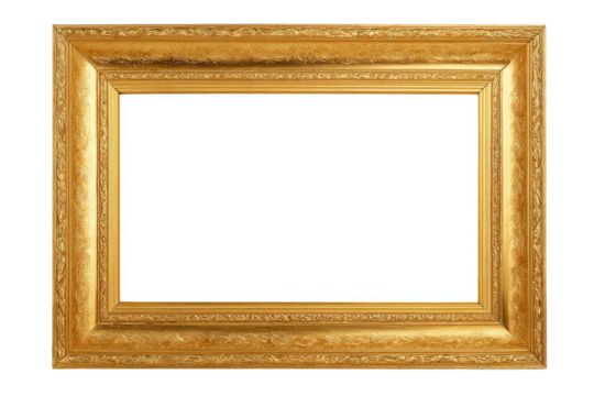 An ornate, gold-colored rectangular picture frame with detailed carvings, isolated on a black background