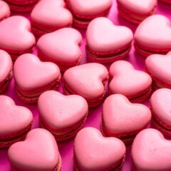 Heart-shaped pink macarons arranged closely on a pink surface