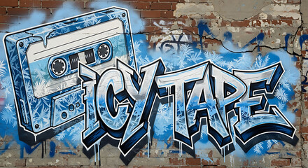 Naklejka premium Icy tape graffiti art on a brick wall with blue and white colors and a cassette tape illustration