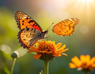 Obraz premium Two orange and red butterflies alight on a vibrant yellow flower, bathed in warm sunlight